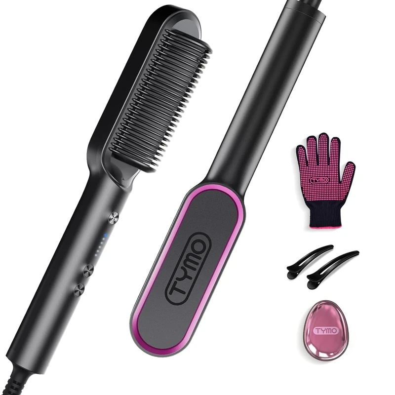 TYMO Hair Straightener Brush UK, Flat Iron and Hair Brush 2-in-1, Anti-Scald, Fast Heating, 5 Temp Settings (130℃-210℃), Professional Salon at Home, Wider Comb for Even Straightening, Black