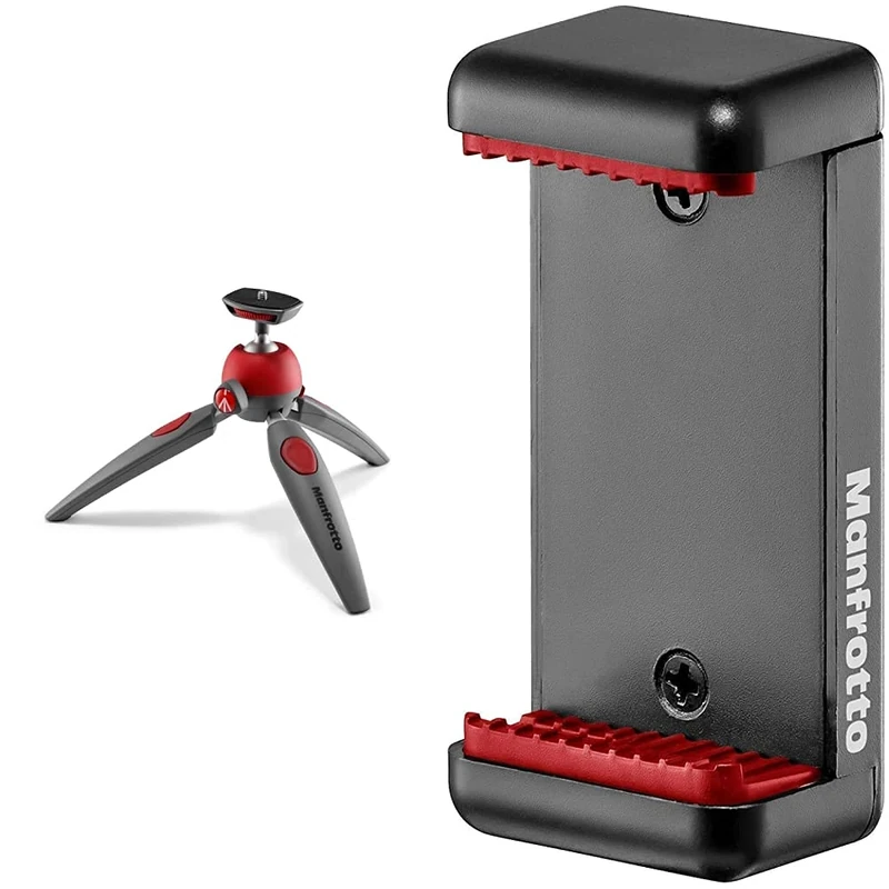 Manfrotto MTPIXIEVO-RD, PIXI EVO 2-Section Mini Tripod, Compatible with DSLR, Compact System Camera, Mirrorless, Red & MCLAMP, Universal Smartphone Clamp with Thread Connections, Black