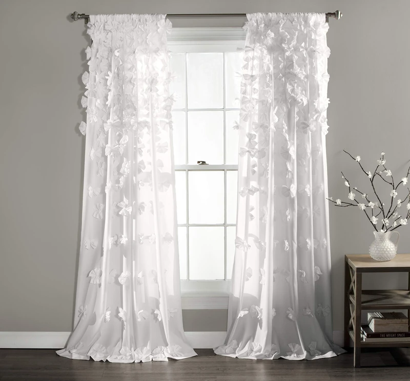 Lush Decor Riley Window Curtain Panel - Charming Handmade Bow Details - Elegant Light Filtering Single Curtain for Living Room, Dining Room, or Bedroom - 54" W x 95" L, White