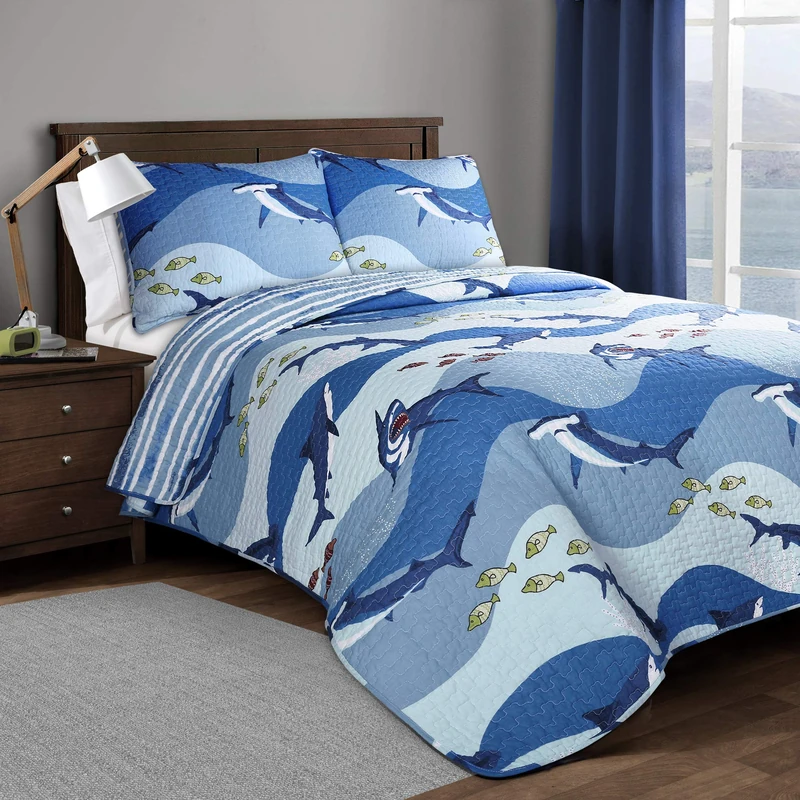 Lush Decor Shark Allover Quilt Blue 3Pc Set Full/Queen