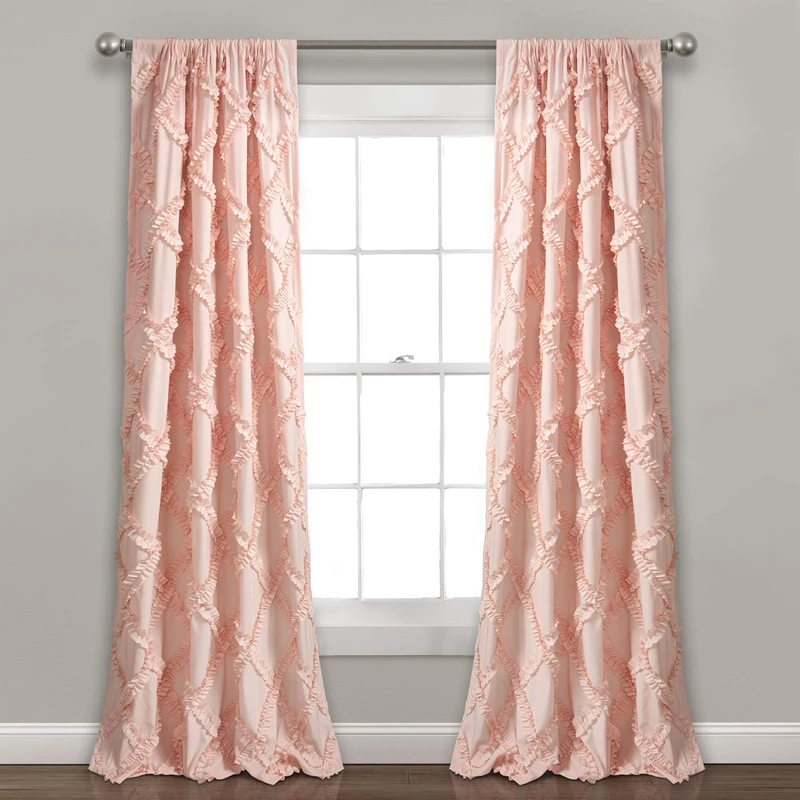 Lush Decor, Blush Ruffle Diamond Curtains Textured Window Panel Set for Living, Dining Room, Bedroom (Pair), 84” x 54