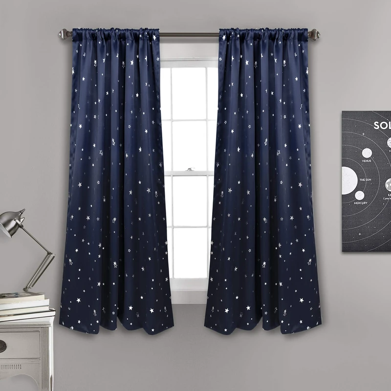 Lush Decor Light Filtering, Energy Efficient (Pair), Navy Star Blackout Curtains-Window Panel Set, 52" W x 63" L