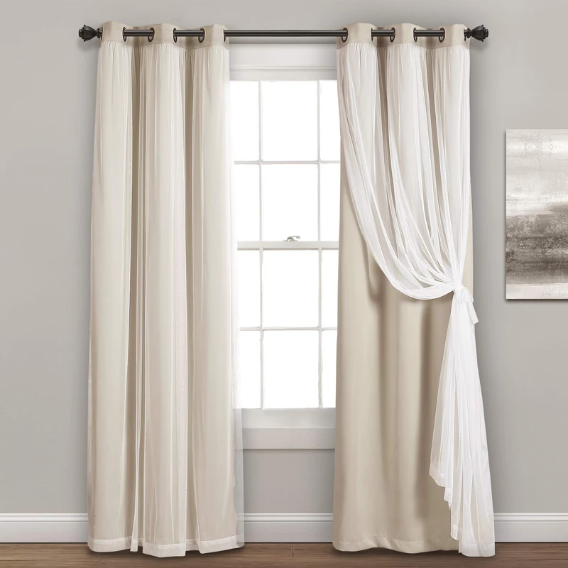 Lush Decor Grommet Sheer Insulated Blackout Lining Window Curtain Panel Pair, Polyester, Wheat, 38" W x 95" L