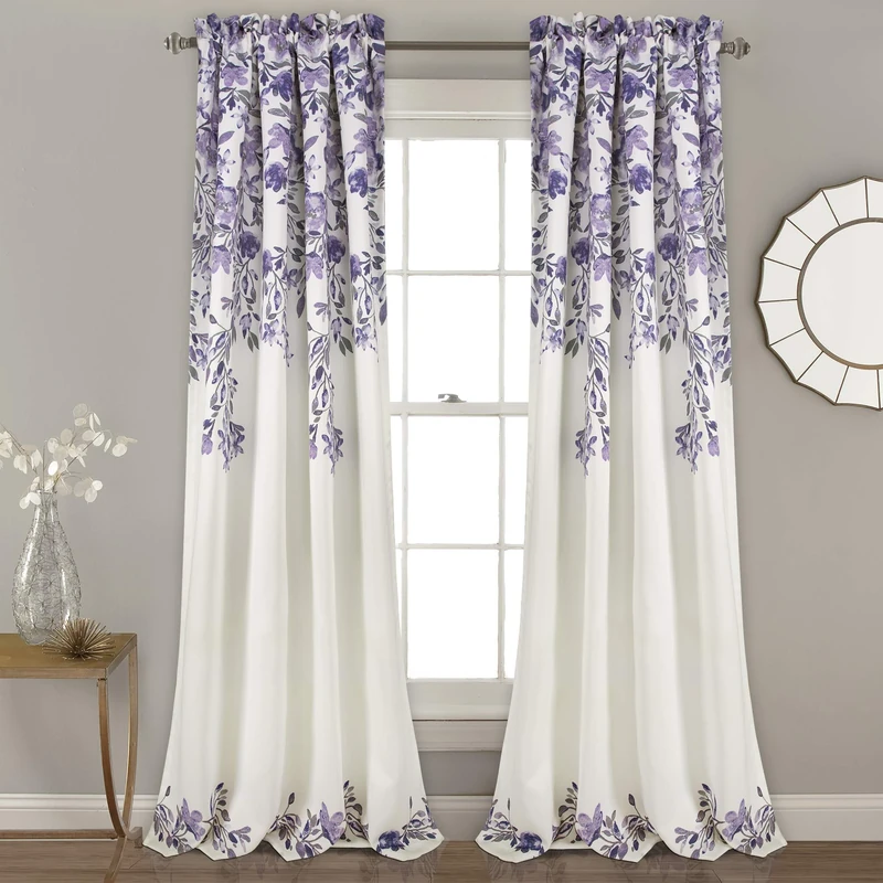 Lush Decor Tanisha Curtains | Room Darkening Floral Vine Print Design Window Panel Set (Pair), 84” x 52” -Purple and Gray, 84" x 52", Purple & Gray