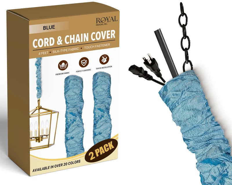 RDI Cord & Chain Cover 4 feet Silk Type Fabric, Chandelier Pendant Lighting Chain & Cable Management, Touch Fastener, Blue - 2 Pack