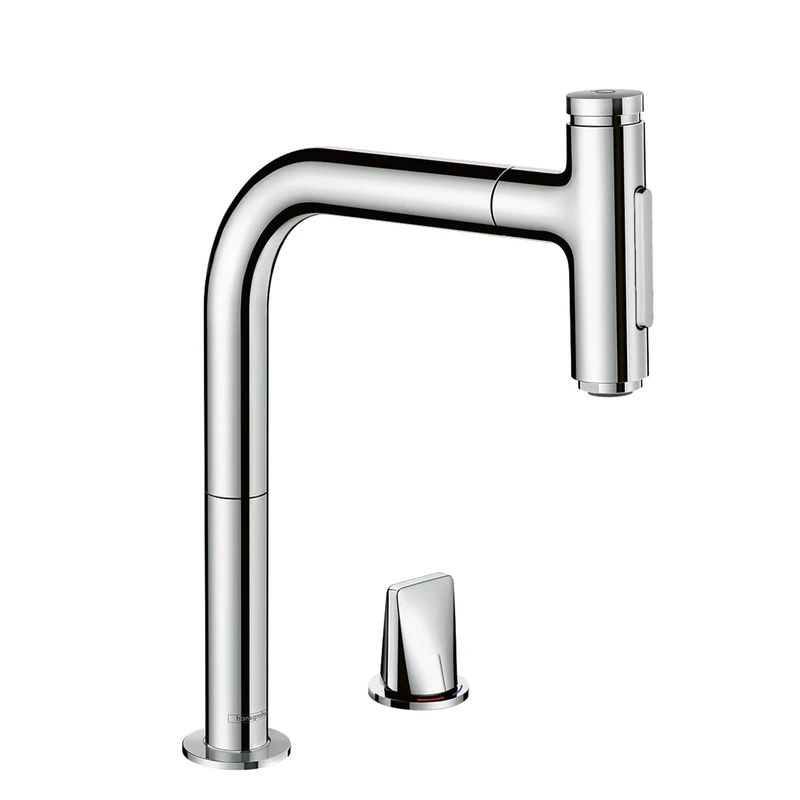 hansgrohe 73818000 M7120-H200 2-Hole Kitchen Tap, Hose Box, Selectable Swivel Range, Pull-Out Spray, Chrome, Stainless Steel, Spout height 24 cm