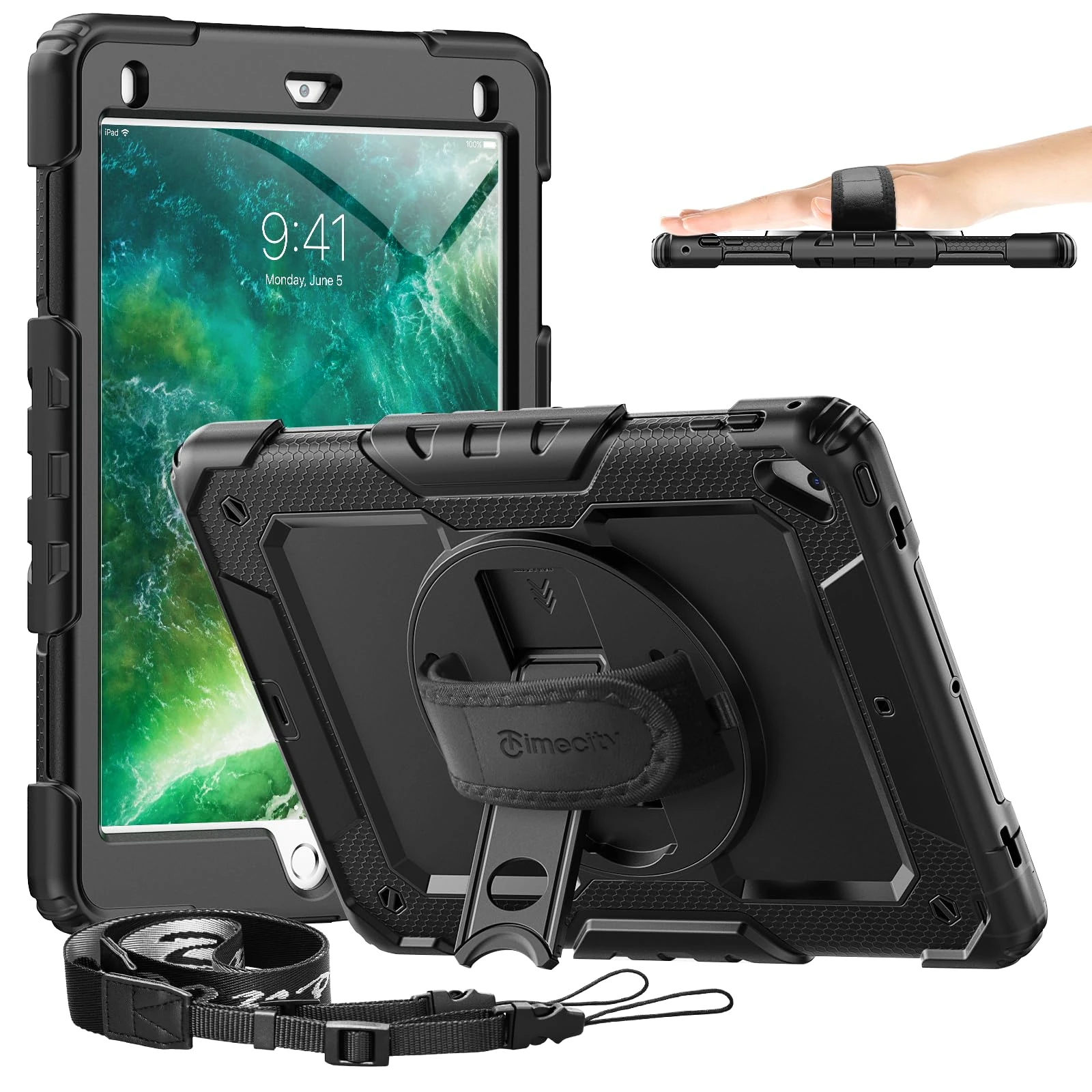 Timecity case For iPad 6th/5th Generation(2018/2017), iPad Pro 9.7 inch(2016), iPad Air 2 Case(2014), Shockproof Case with Screen Protector, 360° Rotating Kickstand, Hand Strap, Pencil Holder, Black