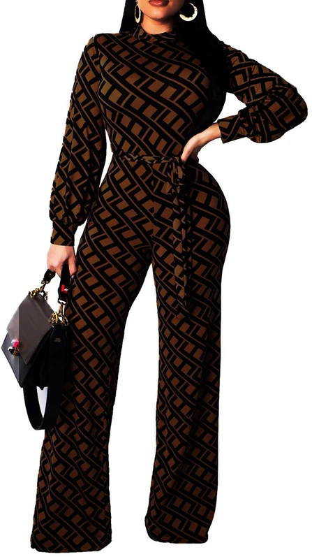SxClub Women Sexy Jumpsuits Casual Turtleneck Long Sleeve Stripes Stretchable Bandage Wide Leg Long Pants Rompers Party Club Brown
