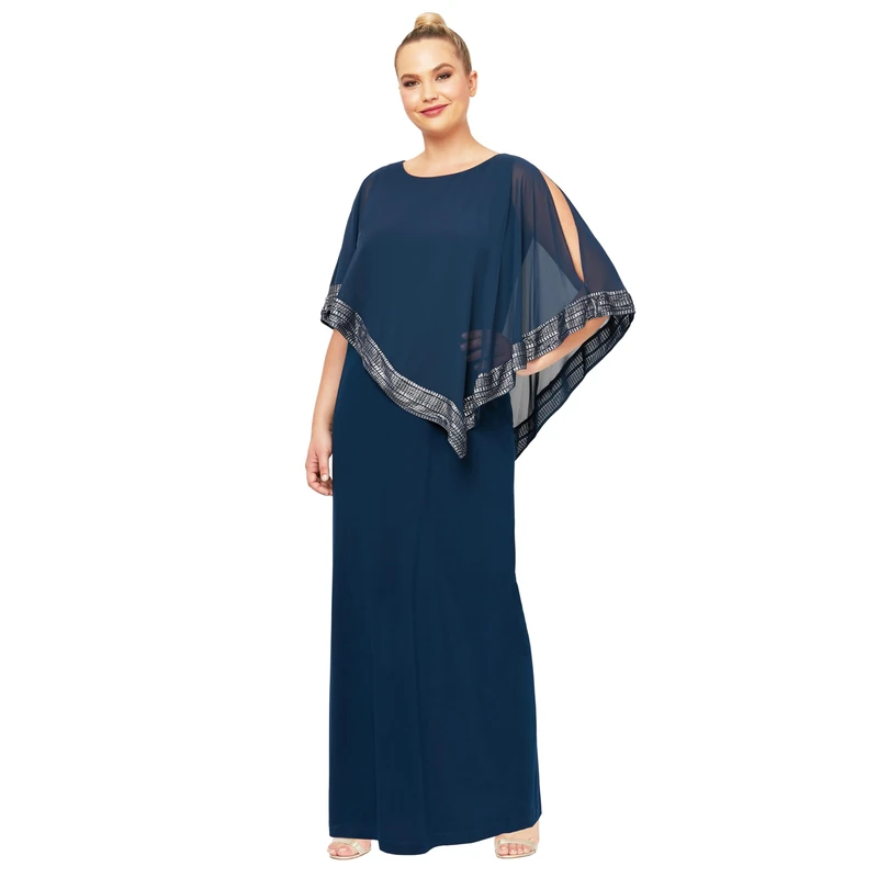 S.L. Fashions Women's Plus Size Long Cold Shoulder Capelet Dress with Metallic Trim Special Occasion, Deep Navy, 26