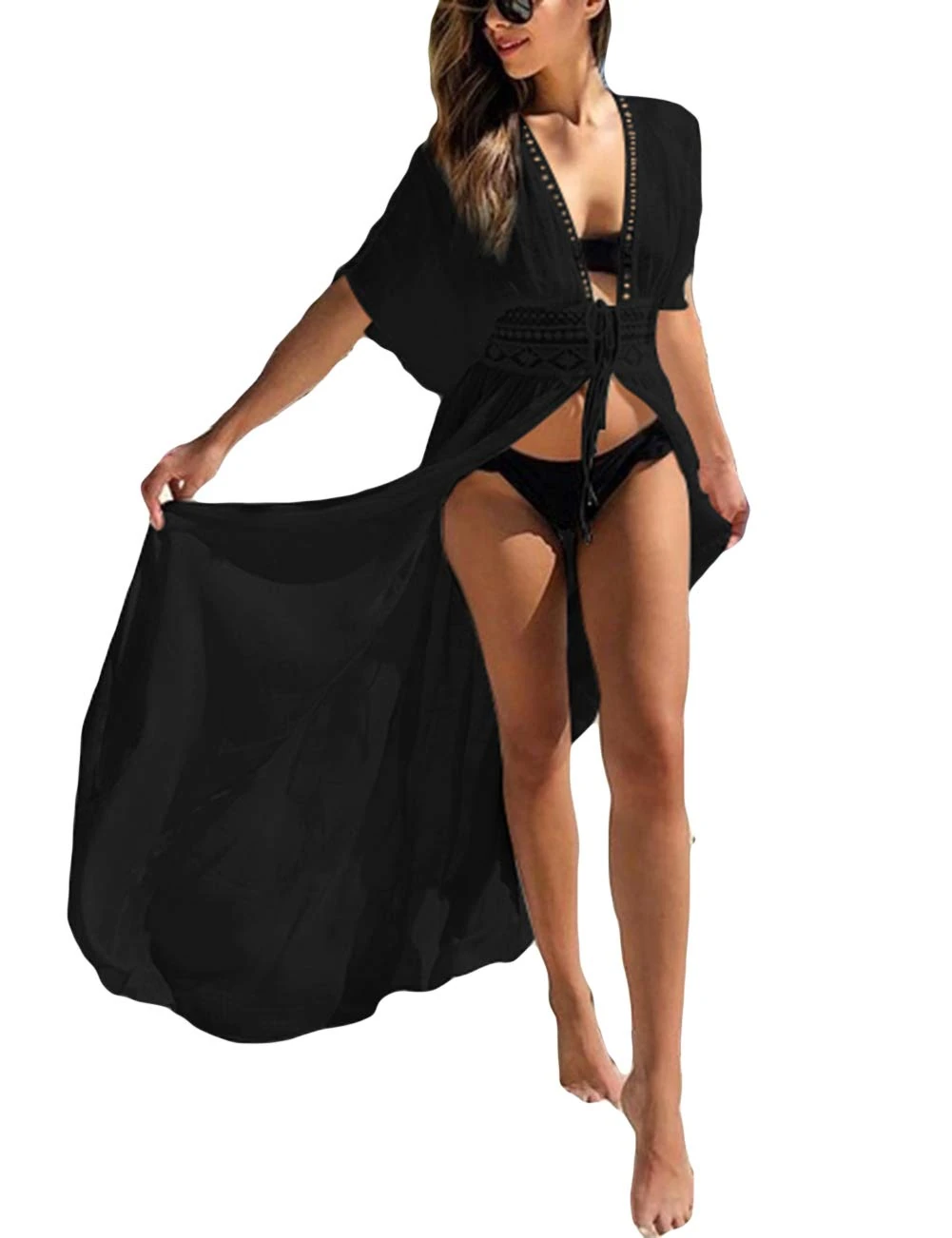 Bsubseach Long Swimsuit Kimono Summer Short Sleeve Beach Open Front Cardigan Cover Ups for Women Black