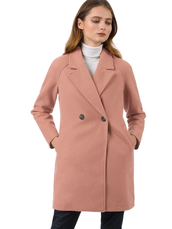 Allegra K Women's Notched Lapel Double Breasted Raglan Winter Coats Dark Pink M