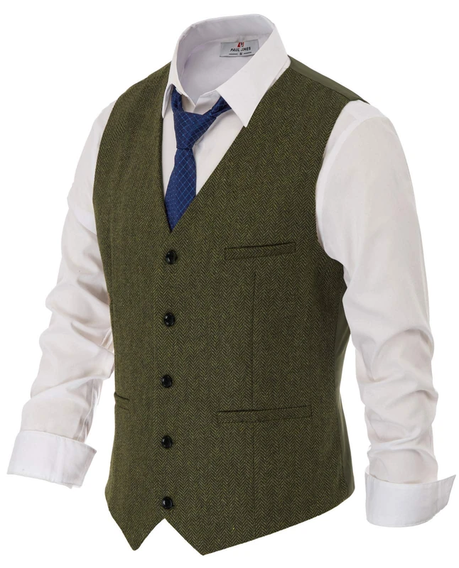 PJ PAUL JONES Men's Herringbone Tweed Suit Vest Casual Wool Blend Waistcoat, Army Green, S