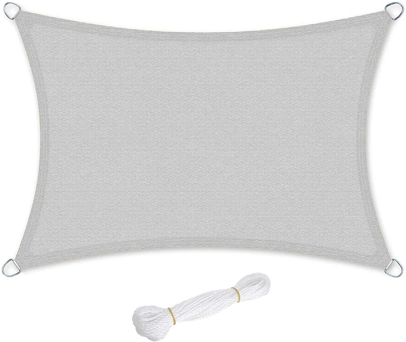 SONGMICS Sun Sail 3 x 5 m, HDPE Fabric Sun Shade Sail Breathable Water Permeable for Patio Garden Balcony Camping Rectangular Concave 2 m Ropes, Light Grey GSS35QY