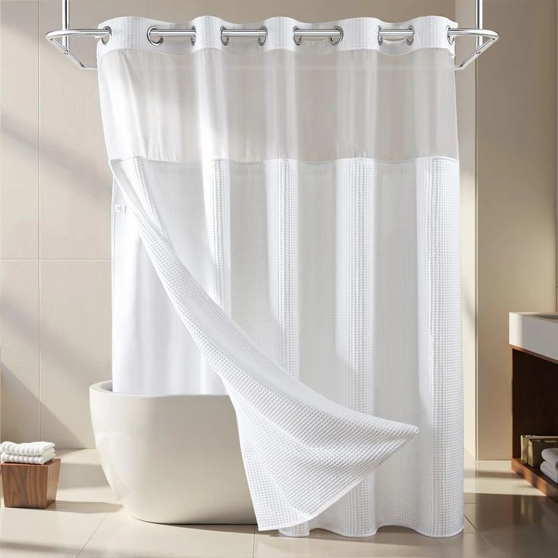 River Dream White Fabric Shower Curtain Set, Cotton Blend, Waffle Weave, with Snap in Replacement Liner，71 x 74 inches