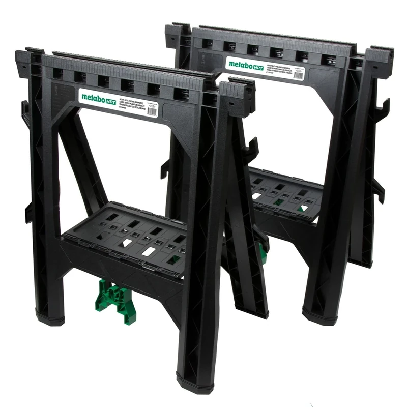 Metabo HPT Folding Sawhorses, Heavy Duty Stand, 4 Sawbucks, 1200 Pound Capacity, Built-in Cord Hooks and Shelves, 2-Pack (115445M)