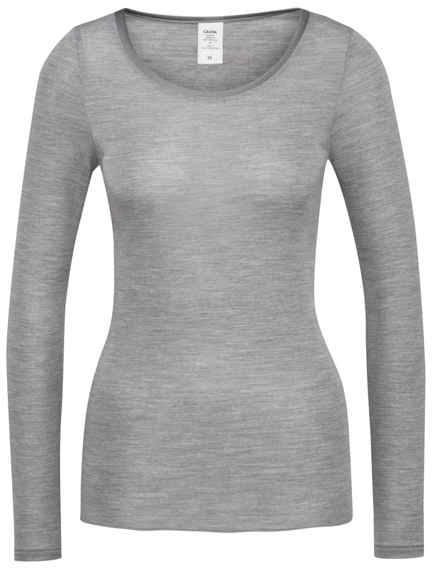 CALIDA True Confidence Women's Long-Sleeved Shirt, Made of Wool Silk, Fine Rib, Temperature Balancing and Odour-Neutralising, Platinum Melé_, 22-24