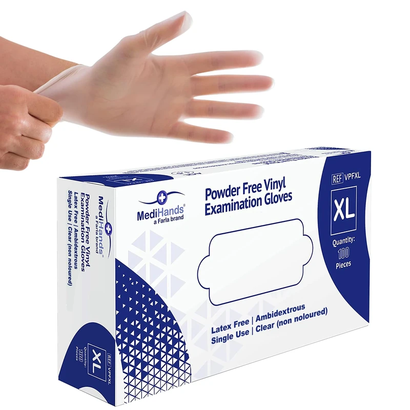 Farla Medical Vinyl Clear Gloves, XLarge Disposable, Box of 100, Powder Free Latex Free & Protein Free, Multi Use