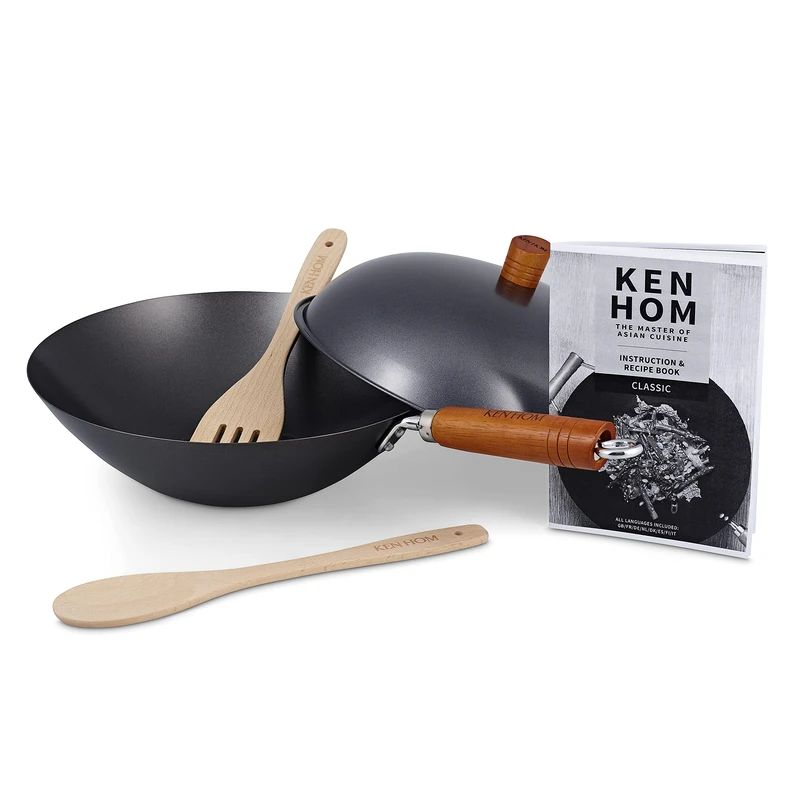 Ken Hom Carbon Steel Wok Set, 31cm, Includes Non-Stick Wok Pan with Lid, Wooden Utensils and Recipe Book, Classic, Non-Induction/Wooden Handle/Flat Base Pan
