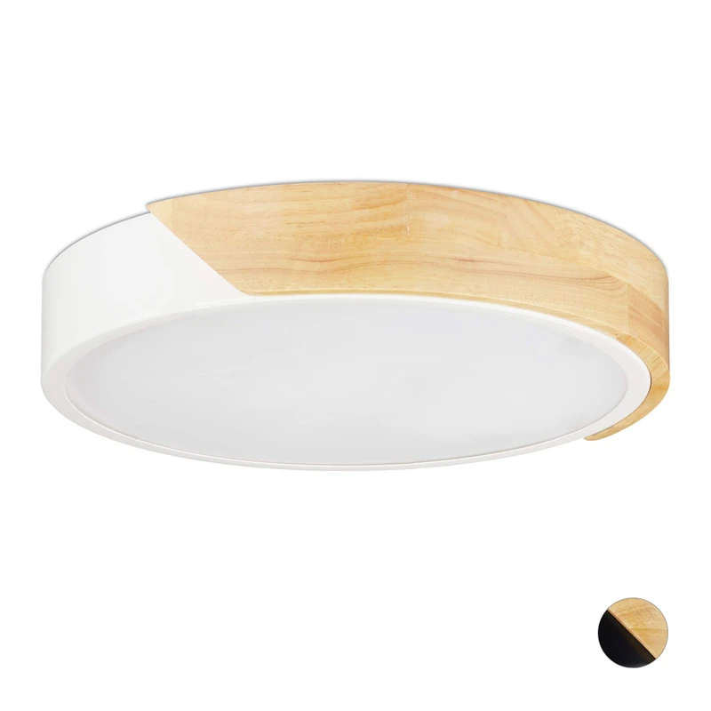 Relaxdays LED Light, 18W, Round Ceiling Lamp, Metal & Wood, H x D 5 x 30 cm, White, 60% Iron 30% 10% Plastic