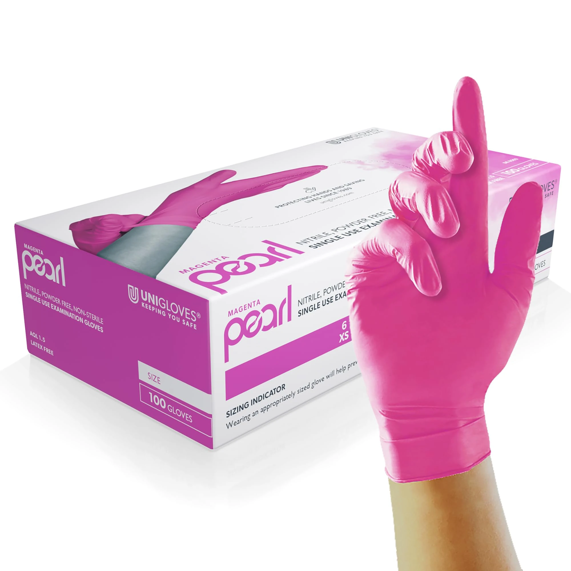 UNIGLOVES Magenta Pearl Nitrile Examination Gloves - Multipurpose, Powder Free and Latex Free Disposable Gloves - Box of 100 Gloves, Magenta, Small (GP8502)