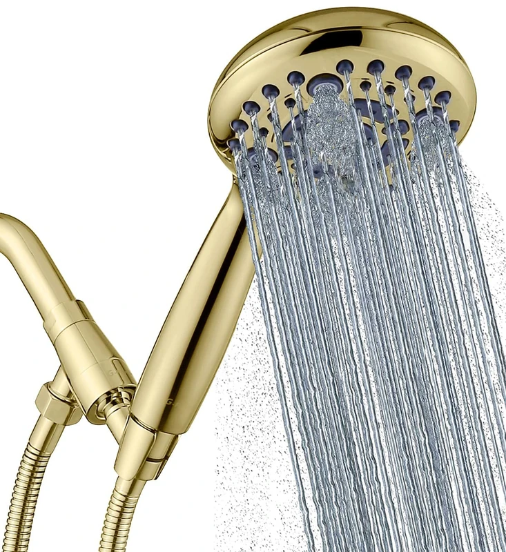 G-Promise Handheld Shower Head High Pressure 6 Spray Settings, Detachable Hand Held Showerhead 4.9" Face with Extra Long Flexible Hose and Metal Adjustable Bracket ，Polished Brass