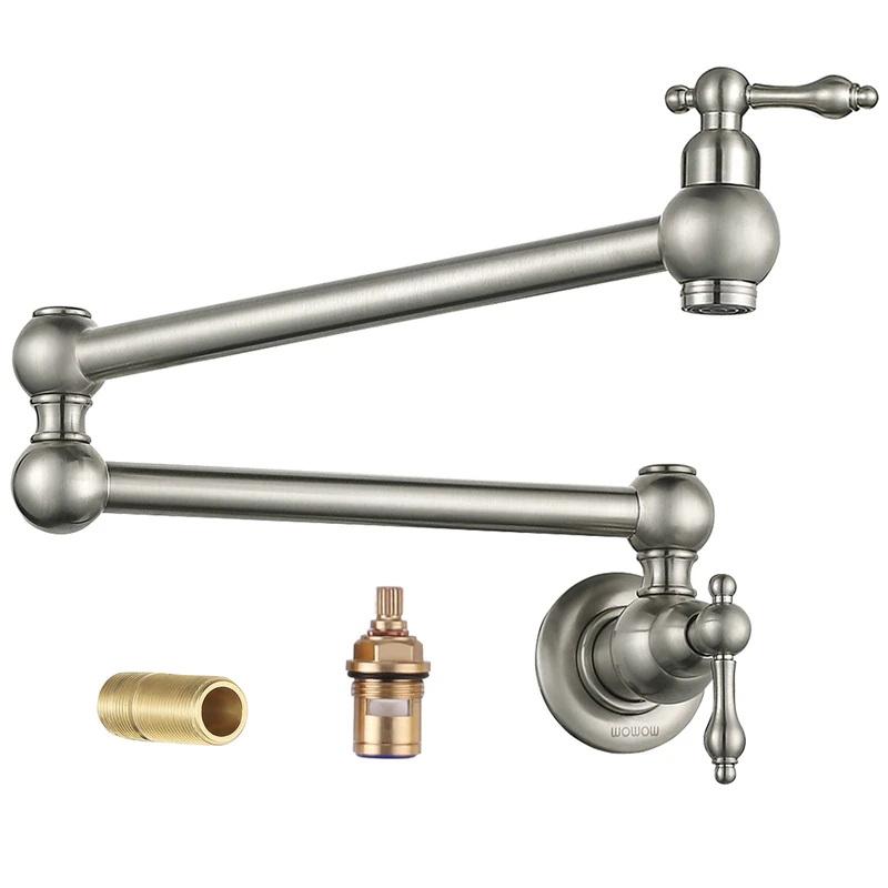 WOWOW Pot Filler Faucet Wall Mount - Brass Kitchen Commercial Folding Restaurant Copper 2 Handles Brushed Nickel Double Joint Swing Arm