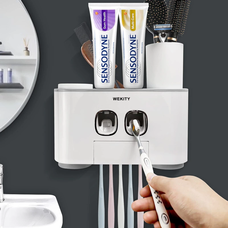 WEKITY Toothbrush Holder Wall Mounted, Multifunctional Automatic Toothbrush and Toothpaste Squeezer Kit with 4 Cups, 5 Toothbrush Slots and 2 Toothpaste Dispenser, Easy Install