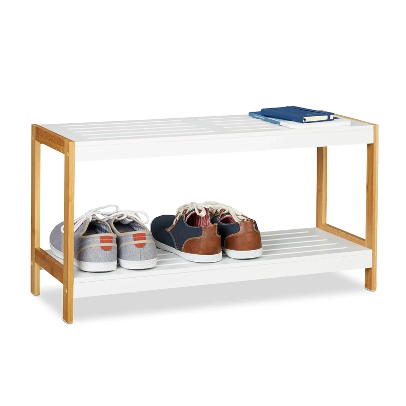 Relaxdays 2-Tier Shoe Rack, Robust Hallway Shoe Storage Shelf, Bamboo & MDF, HWD 36.5 x 70 x 26 cm, White/Natural