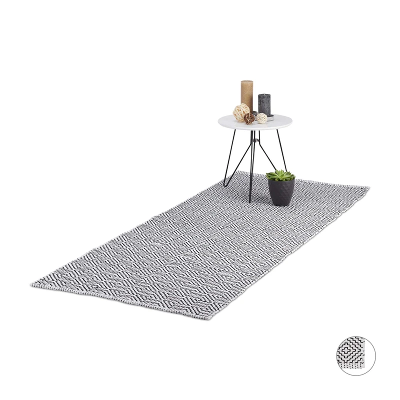 Relaxdays Carpet Runner, Hallway Cotton Rug, Anti-Slip, Handmade Living Room Mat, Black-White, 80 x 200 cm