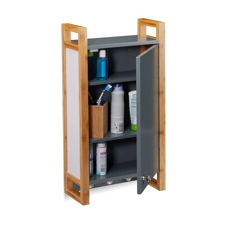 Relaxdays Bathroom Hanging Cabinet, Wall Cabinet with Bamboo Frame & 3 Hooks, Bath Cupboard, HWD 58 x 31.5 x 15 cm, Dark Grey