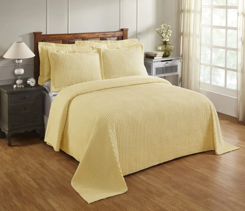 Better Trends Chenille Bedspreads Full/Double Size, Yellow 100% Cotton Chenille Stripe Design Tufted Bedding Coverlet Soft Lightweight, 96"x110" 1 Pieces Jullian Collection