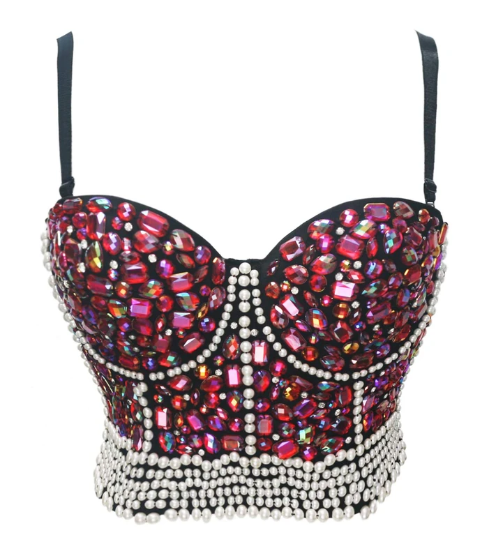 BSLINGERIE® Madonna Style Metallic Studs Bustier Bra Corset Top, Red Crystal, Large
