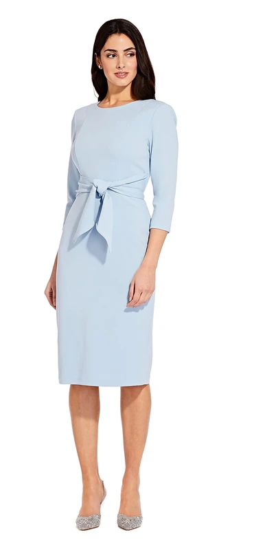 Adrianna Papell Women's Knit Crepe Tie Waist Sheath Dress, Blue Mist, 20