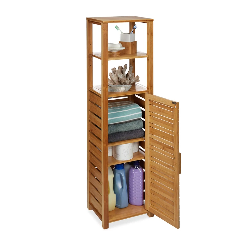 Relaxdays Bamboo Bathroom Shelf, 6 Tiers, Free Standing, Moisture-Resistant, Cabinet H x W x D: 119 x 33 x 25.5 cm, Natural