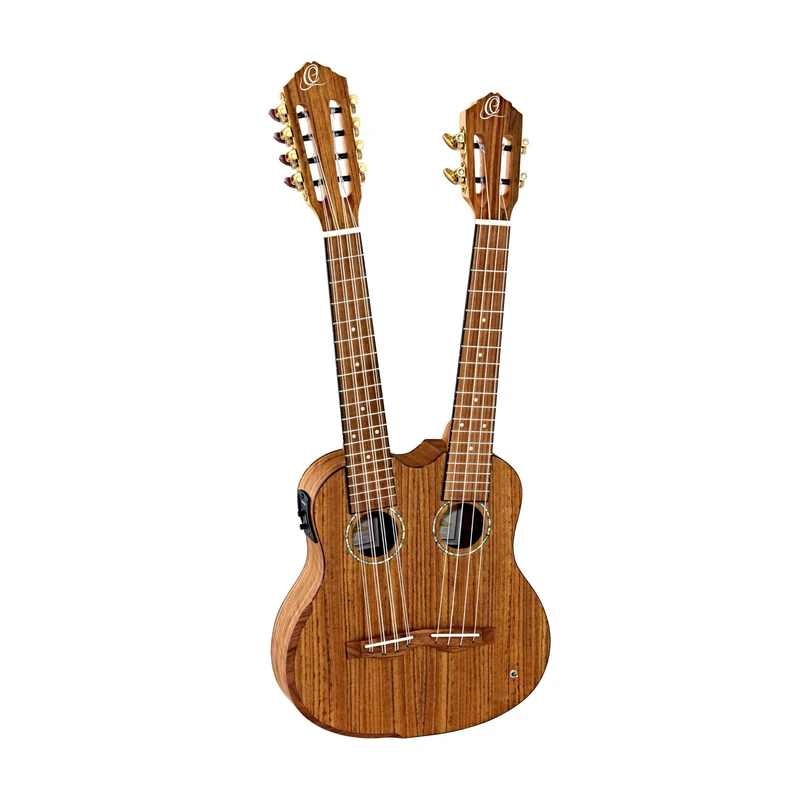Ortega Guitars Double Neck Ukulele Electro-Acoustic – 8 String Tenor, Tenor – Custom Built Series – Including Gigbag – Ovangkol, Natural (HYDRA)