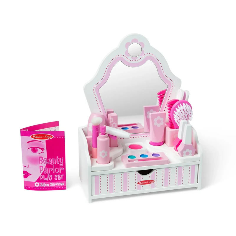 Melissa & Doug Wooden Beauty Salon – Hair Styling & Make-up Role Play Set | Dressing Table with Accessories | Age 3+ - FSC Certified