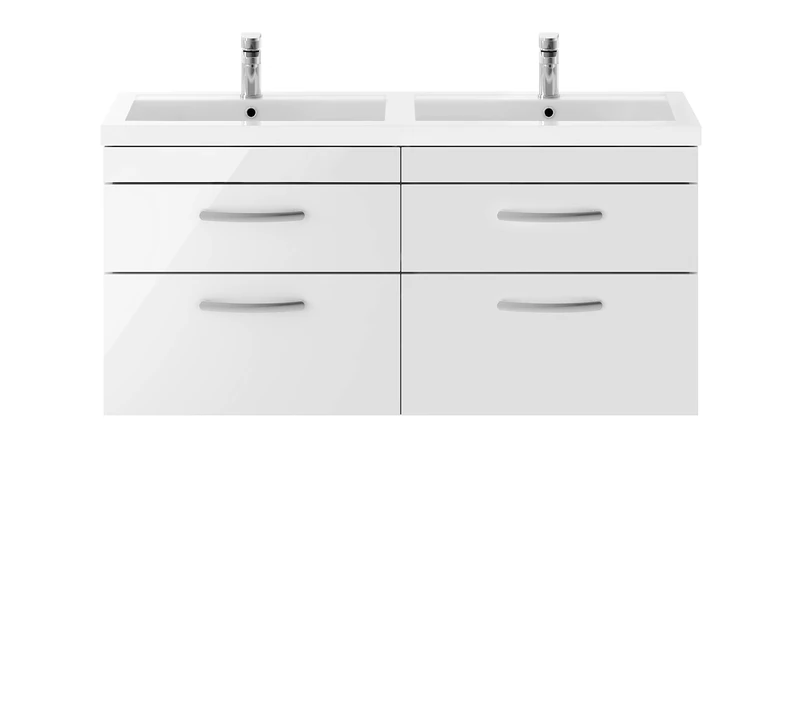 Nuie ATH048C Athena ǀ Modern Bathroom Wall Hung Vanity Unit with 4 Soft Close Drawers and Double Polymarble Basin, 578mm x 1205mm x 390mm, Gloss White, Manufactured Wood, 1200mm
