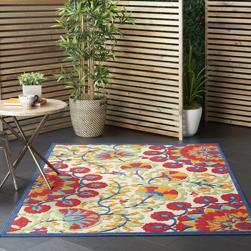 NOURISON Aloha Red Multicolor Easy-Care Indoor-Outdoor Floral 5'3" x 7'5" Area Rug 5'x8'