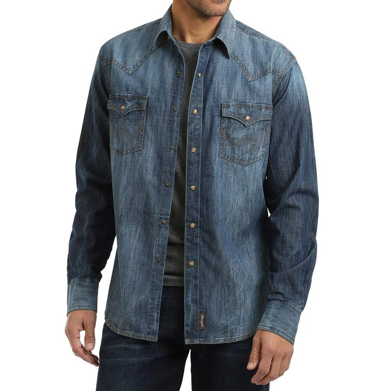 Wrangler Men's Retro Two Pocket Long Sleeve Snap Shirt, Denim Blue, XXL