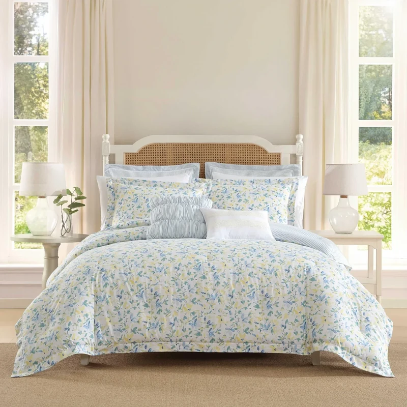Laura Ashley Comforter, Soft Reversible Bedding Set, Includes Matching Bonus Euro Shams & Throw Pillows, Cotton, Nora Blue/Yellow/Green/White, Twin