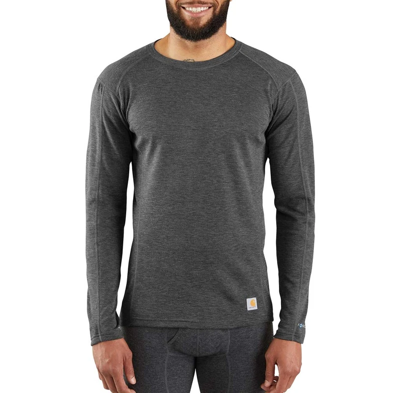 Carhartt Men's Force Heavyweight Polyester-Wool Crew Base Layer Top, Dark Black Heather, XXL