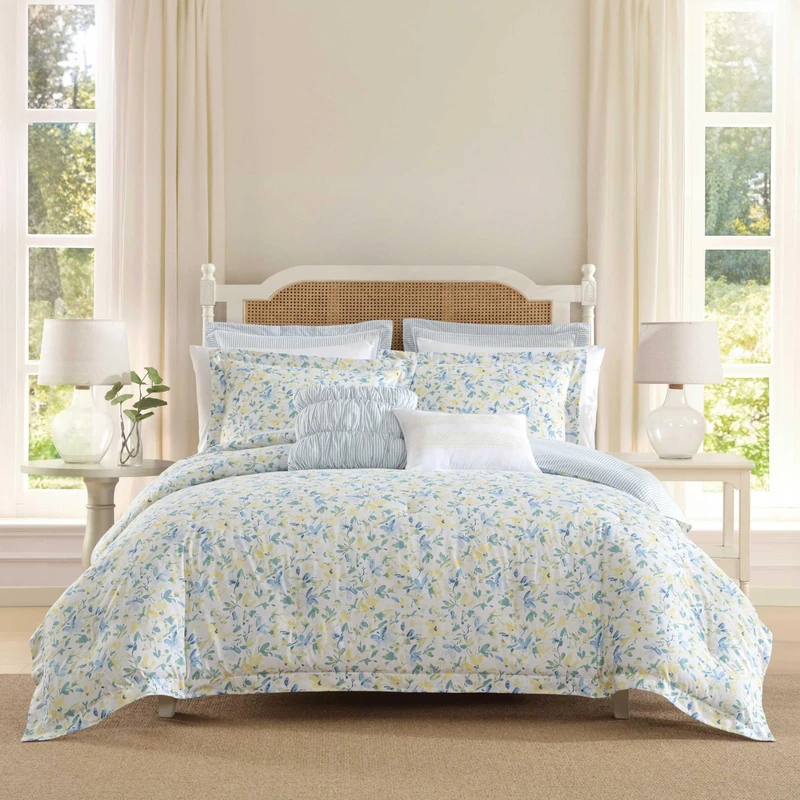Laura Ashley Comforter, Soft Reversible Bedding Set, Includes Matching Bonus Euro Shams & Throw Pillows, Cotton, Nora Blue/Yellow/Green/White, King