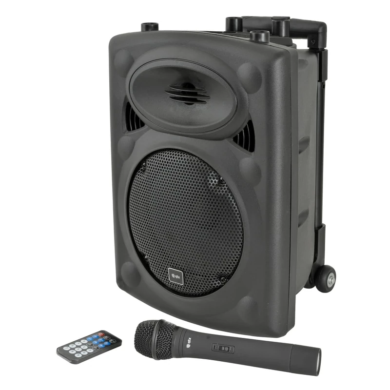 QTX, QR8BT PA: Powerful Portable PA with Bluetooth Connectivity, One Wireless Mic, Internal Rechargeable Battery, Trolley Handle and Wheels