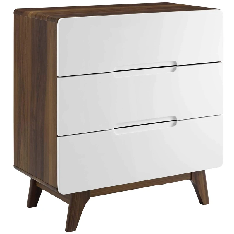 Modway Origin Contemporary Mid-Century Modern 3-Drawer Bedroom Chest in Walnut White