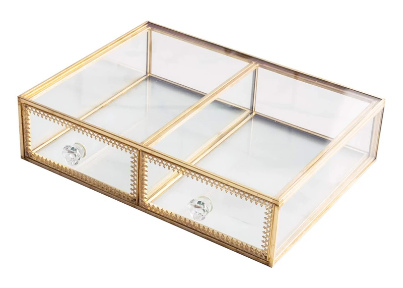 Levilan Antique Beauty Display Clear Glass 2 Drawers Palette Organizer, Cosmetic Storage, Makeup Container 2 Cube Jewelry Case Holder/Beauty Dresser Vanity Cabinet Decorative Keepsake Box