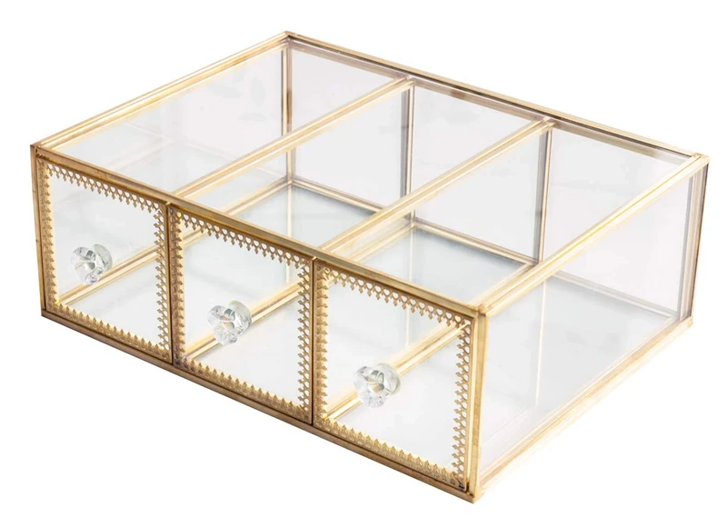 Antique Beauty Display Jewelry Case Holder Clear Glass 3 Drawers Palette Organizer, Cosmetic Storage, Makeup Container 3 Cube Holder/Beauty Dresser Vanity Cabinet Decorative Keepsake Box