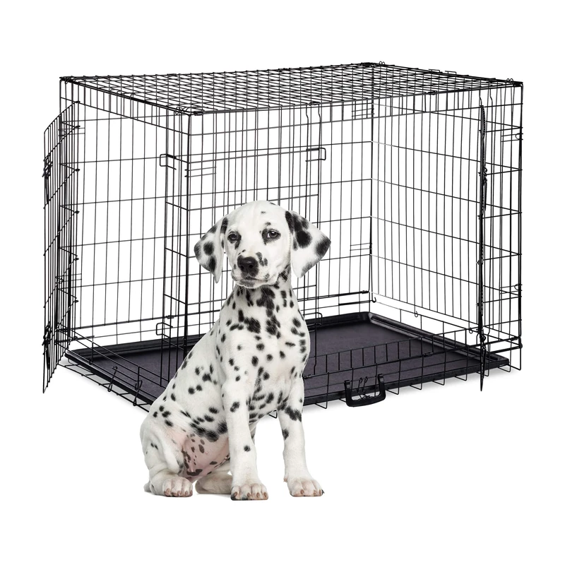 Relaxdays Dog Cage, Folding Transport Crate, Whelping Pen, 2 Doors, Floor Tray, Metal, XXXL, Black, XXL