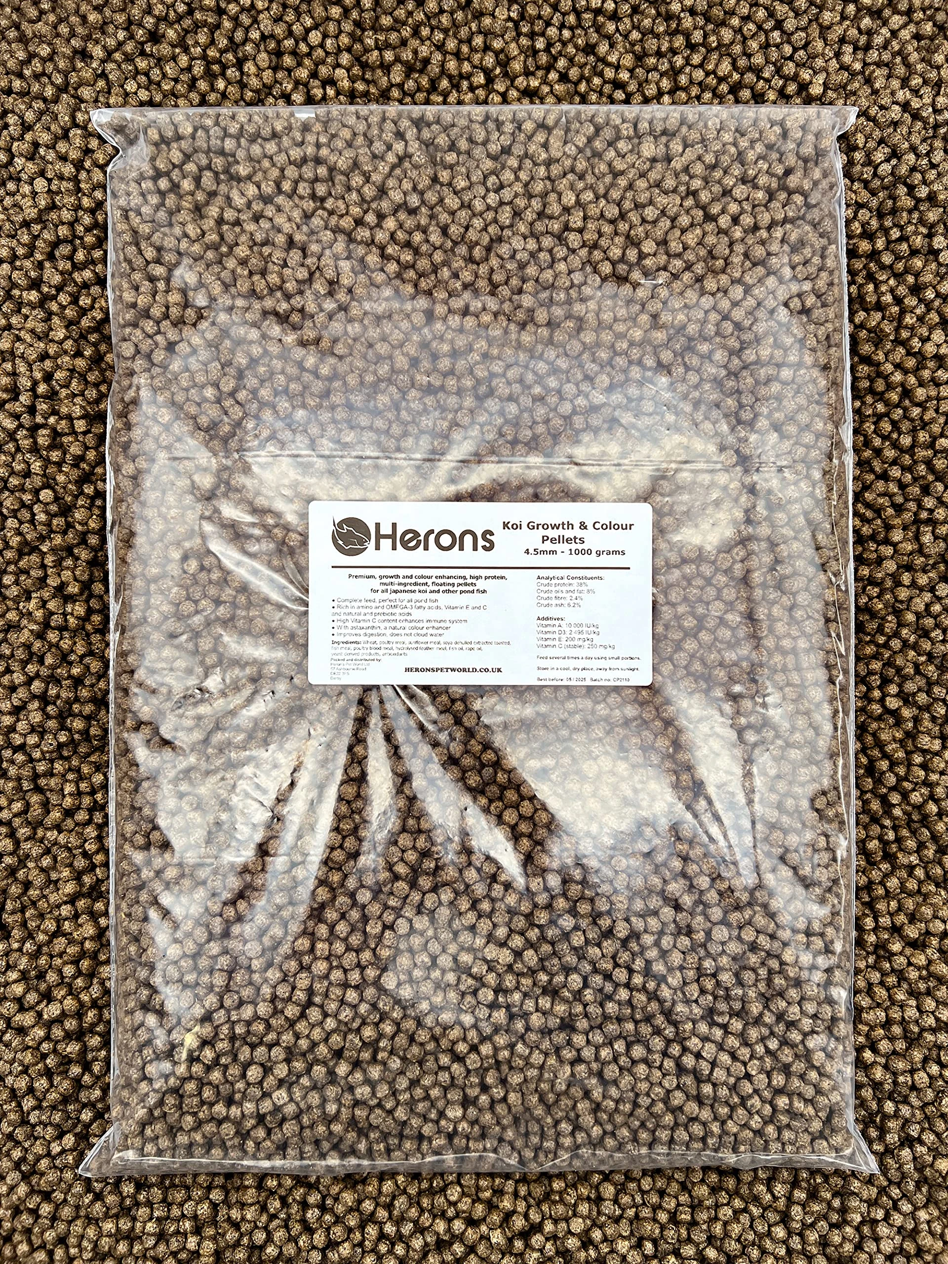 HERONS - Koi Growth & Colour Pellets, 4.5mm - 1KG - Premium Pond Fish Food, For Koi Carp, Shubunkin and Goldfish, Growth and Colour Enhancing, High Protein, Multi Ingredient
