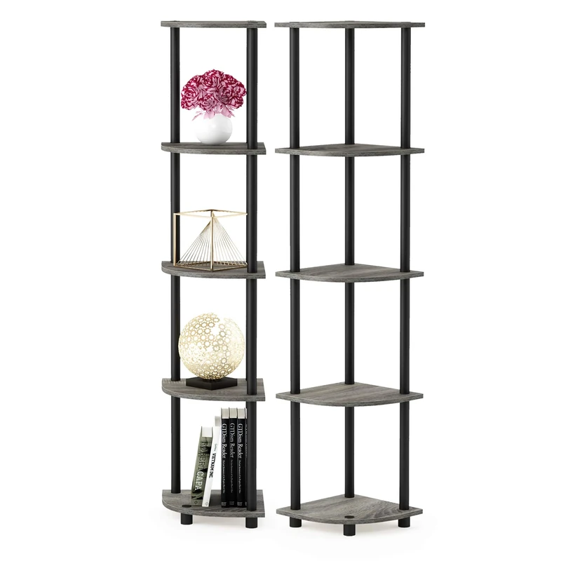Furinno TURN-N-TUBE Corner Shelf Set of 2, 5-Tier Corner Bookshelf, Open Storage Shelves, for Organization and Storage, Living Room, Home Office, Garage, French Oak