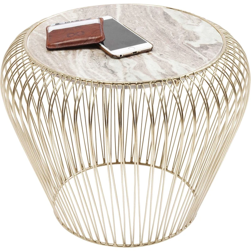 Kare Design Side Table Beam, Brass, Modern, Marble Tabletop, Round, Small, Sofa Side Table, Bedroom, Living Room, Hallway, 35x43x43 cm (H/W/D), Gold/Grey - Image 1